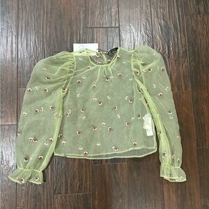 Tags on small Zara long sleeve blouse green embroidered design